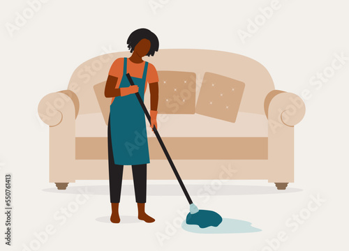 Black Woman With Apron And Glove Mopping Floor In Living Room At Home. Full Length. Flat Design Style, Character, Cartoon.