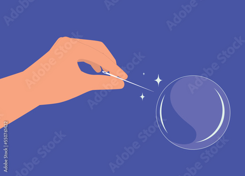 Close-Up View Of A Person’s Hand Using Needle To Poke A Bubble. Close-Up. Flat Design Style, Character, Cartoon.