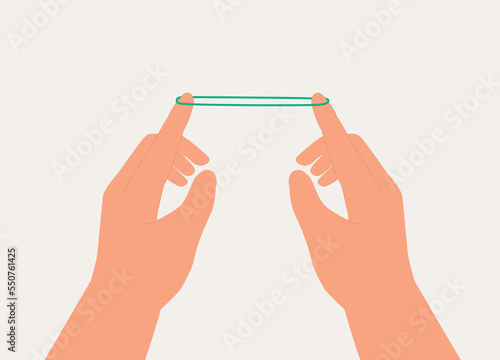 A Person With Two Hands Stretching A Rubber Band. Close-Up. Flat Design Style, Character, Cartoon.