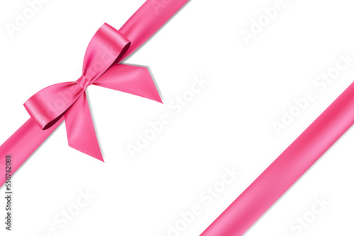 Pink bow realistic shiny satin and ribbon place on left corner vector EPS10 isolated on white background
