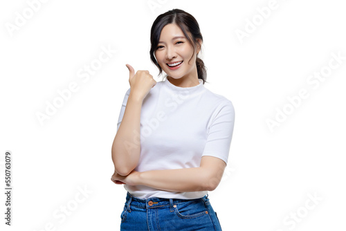Happy young Asian woman feeling happiness and gesture thumb up with transparent background. PNG file format.