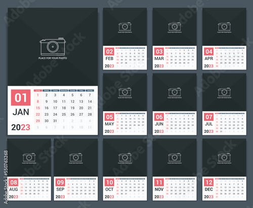2023 Calendar template, week starts on Sunday, a3 size, place for your photo