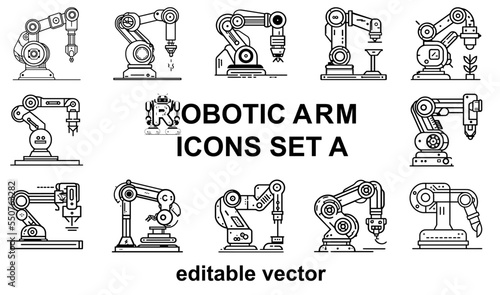 Robot arm icons set, futuristic manufacturing style, linear icons of robotic arm, editable vector