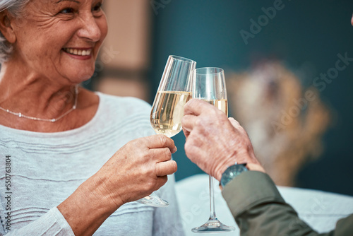 Photography Senior couple, champagne and toast at restaurant, having fun and bonding