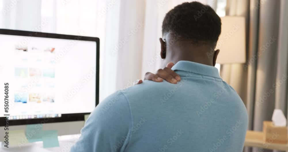 Businessman, computer or touching neck pain in home office or web design burnout, seo anxiety or cybersecurity overtime. Shoulder injury, muscle tension or stress programmer on remote work technology Businessman, computer or touching neck pain in home office or web design burnout, seo anxiety or cybersecurity overtime. Shoulder injury, muscle tension or stress programmer on remote work technology