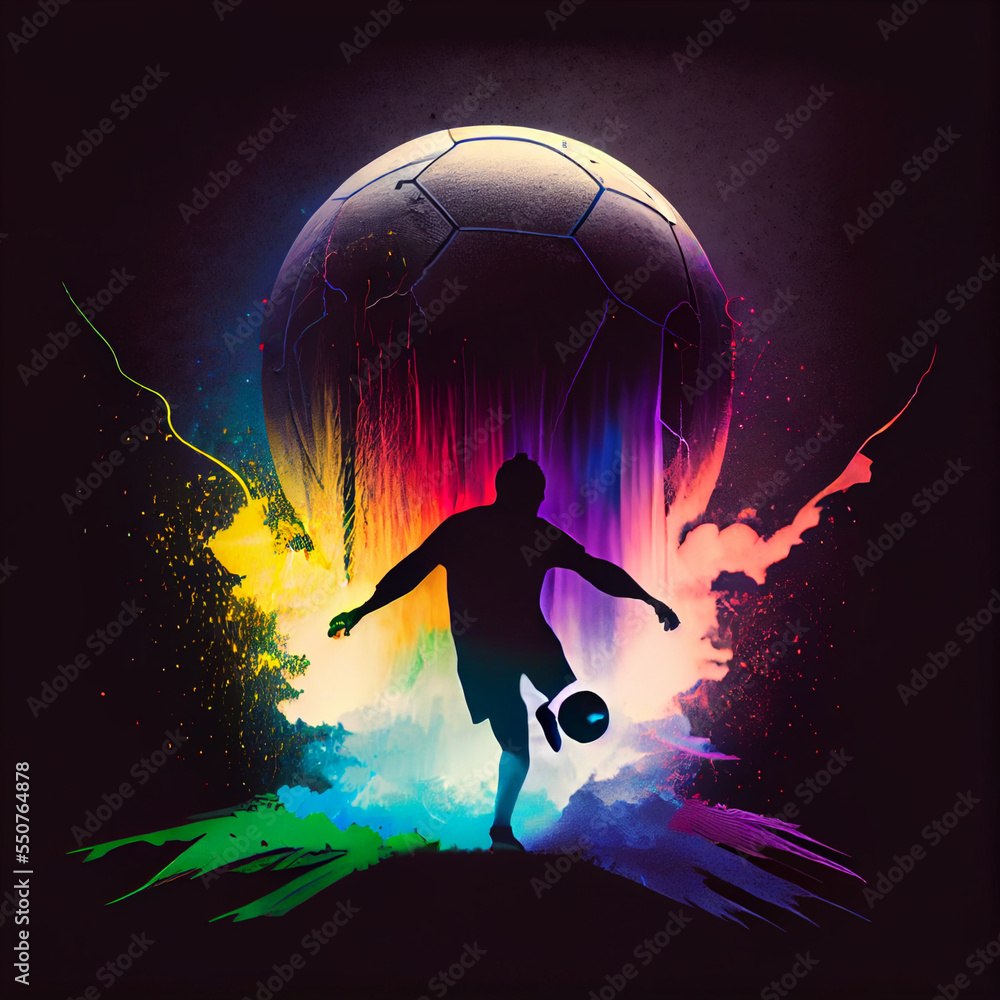 Naklejka premium Football and Soccer celebration of the World Cup, flaming balls and lighting, with rainbow colors