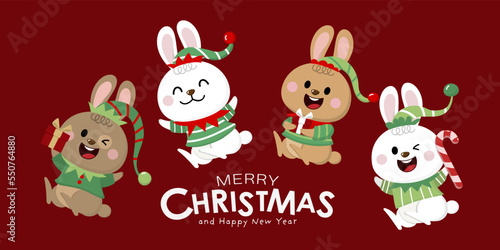 Merry Christmas and happy new year 2023 greeting card with rabbit and bunny in elf costumes. Holiday cartoon character. -Vector