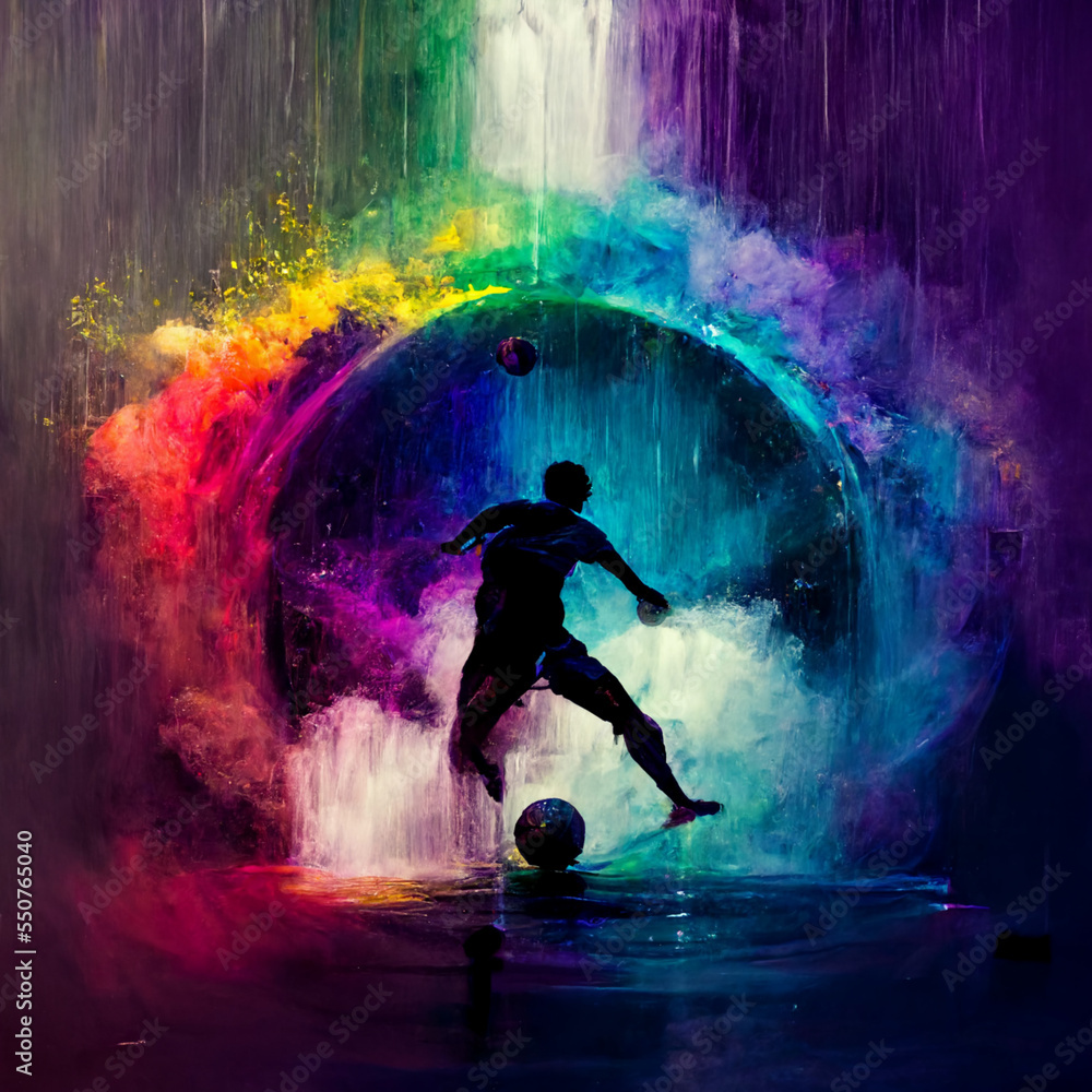 Football and Soccer celebration of the World Cup, flaming balls and lighting, with rainbow colors
