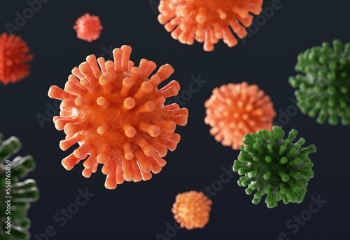 illness respiratory coronavirus 2019-ncov flu outbreak. Microscopic view of floating influenza virus cells. Dangerous illness corona virus 3D rendering illustration.