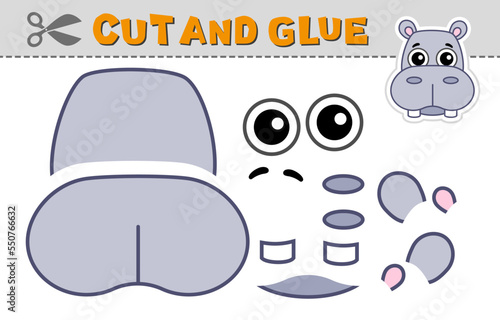 Cut out applique and glue a hippo head. Vector illustration. Paper game for children's creativity, activity and learning