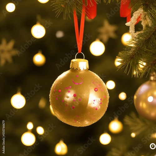 Christmas Ornaments Close Up Colorful with Decorations and Tree