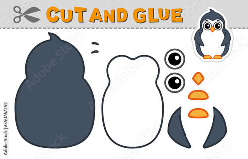 Cut out applique and glue a penguin. Vector illustration. Paper game for children's creativity, activity and learning