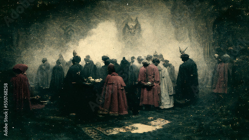 Creepy figures commit a cult of evil. Vintage style.
Digitally generated AI image.