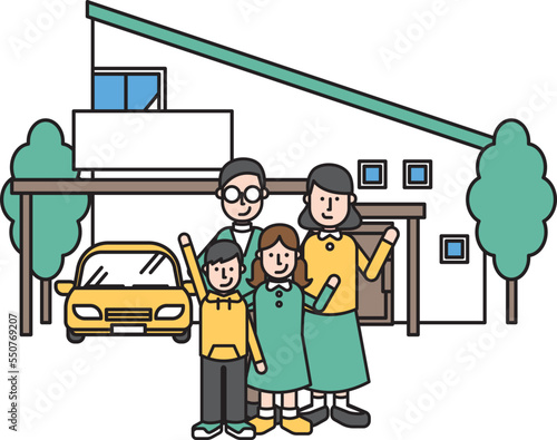 シンプルな住宅と4人家族のイラスト（Uタイプ）