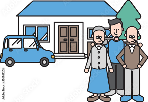 シンプルな住宅とシニア夫婦と若い男性のイラスト（Vタイプ）
