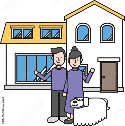 シンプルな住宅と若い夫婦とペットの犬のイラスト（Xタイプ）