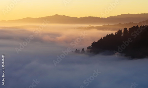 Krajobraz zamglonych gór Pieniny o wschodzie słońca. © Adam Sadlak