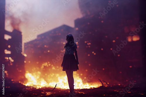 Girl standing in destroyed and burnt city street. Digitally generated image. Not based on real people.