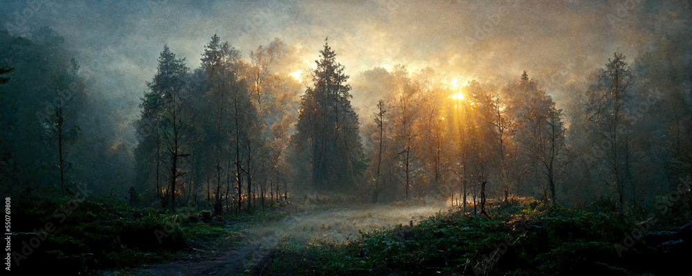 Beautiful forest at sunset in fog.
Digitally generated AI image