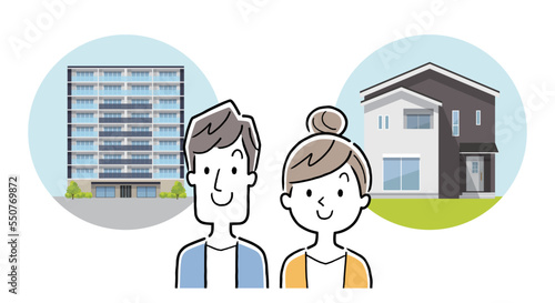 ベクターイラスト素材：一戸建てとマンションを選択する夫婦
