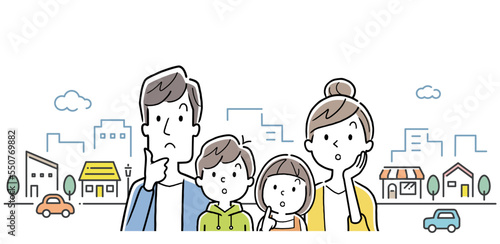 ベクターイラスト素材：考える4人家族と街の背景
