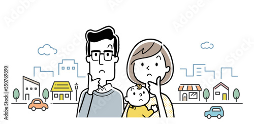 ベクターイラスト素材：考える3人家族と街の背景
