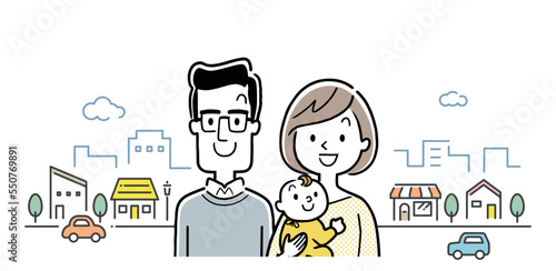ベクターイラスト素材：3人家族と街の背景
