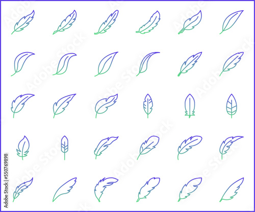 Simple Set of feather Related Vector Line Icons. Vector collection of wing, pen, quill, floating, arrow and design elements symbols or logo elements in thin outline. © yoojin