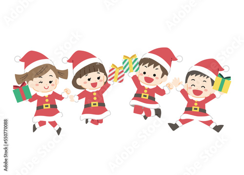 サンタクロースの格好をしてジャンプする子供達のイラスト　クリスマスプレゼント／線画なし