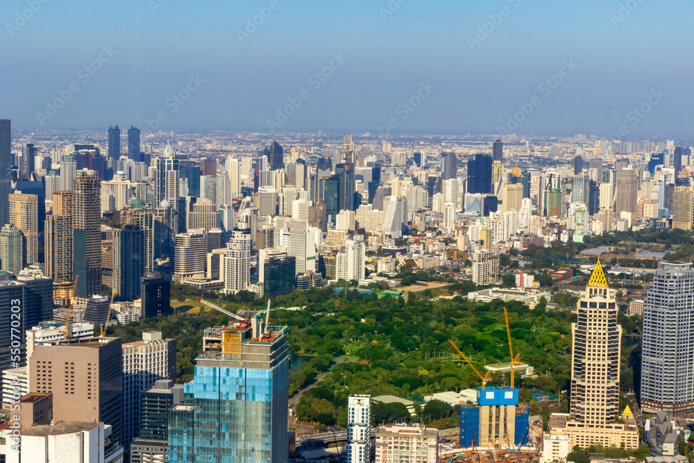 Daytime view of the big city and the green garden in the big city.