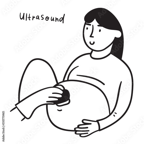 Ultrasound. Pregnant young woman. Hand drawn outline icon.