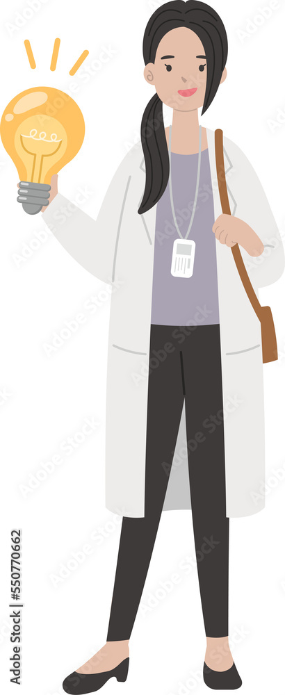 Healthcare worker or doctor or nurse or scientist or experimenter woman holding light bulb