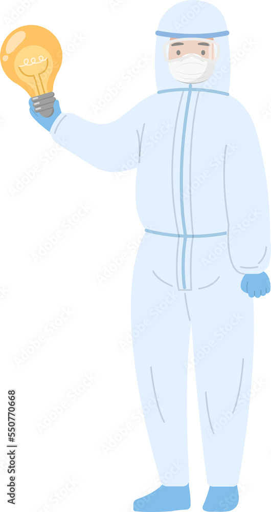 Medical staff or doctor or nurse wearing isolation gown holding light bulb