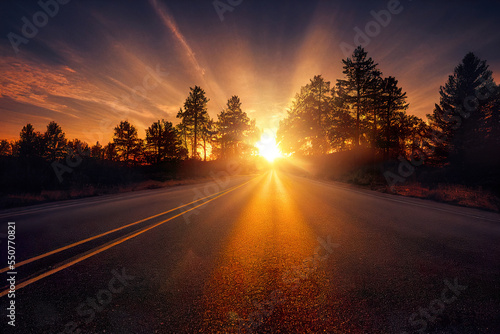 Road in the forest at sunset with sun glow and sun rays. Digitally generated AI image