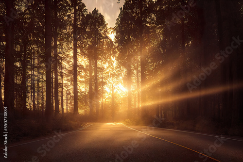 Road in the forest at sunset with sun glow and sun rays. Digitally generated AI image