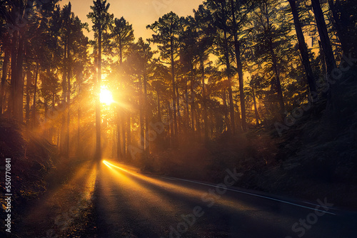 Beautiful forest in fog at sunset wшер sun flare and light rays. Digitally generated image.