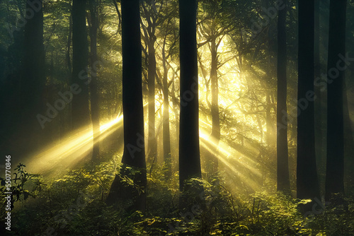 Beautiful forest in fog at sunset wшер sun flare and light rays.   Digitally generated image. © 0livia