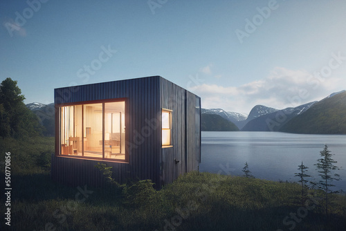 Scandinavian house overlooking fjords and mountains in the evening.   Digitally generated AI image © 0livia