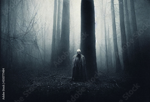 Silhouette oа сreepy person standing in spooky forest at fog.  
Digitally generated image.