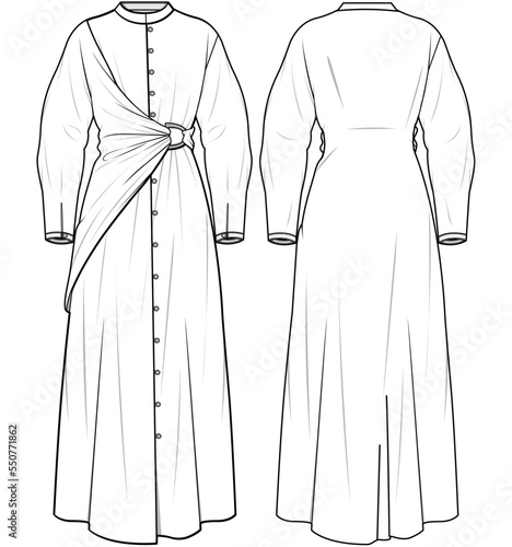 Long Sleeve Button Down Maxi Dress Front Knot Layer, Women Abaya Front and Back View. Fashion Illustration, Vector, CAD, Technical Drawing, Flat Drawing, Template, Mockup.	