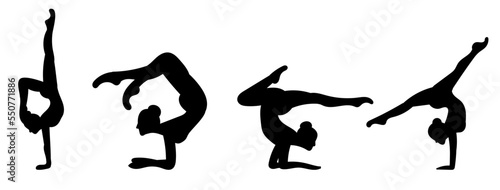 Set of acrobatic poses vector silhouettes of girls. Icons of woman in gymnastics handstands. Yoga and acrobatic illustration on white background, vector.