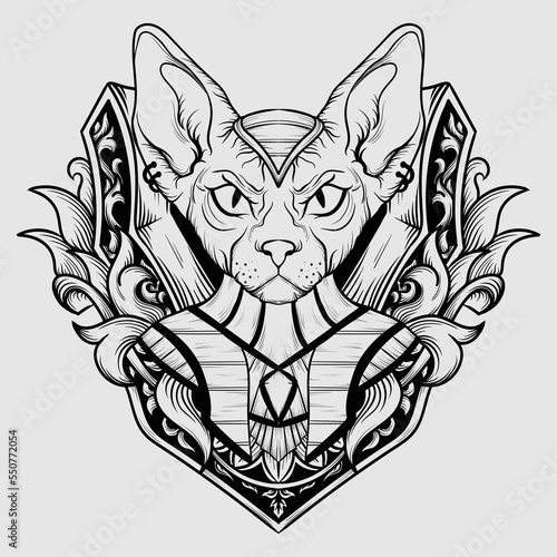 tattoo illustration and t shirt black and white sphynx cat engraving ornament