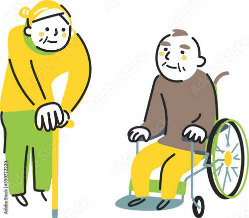 杖をついているお祖母ちゃんと車椅子に座るお祖母ちゃん　シニアライフ　イラスト素材
