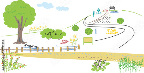 遊具や水鳥が泳ぐ池のあるのんびりした公園　イラスト素材
