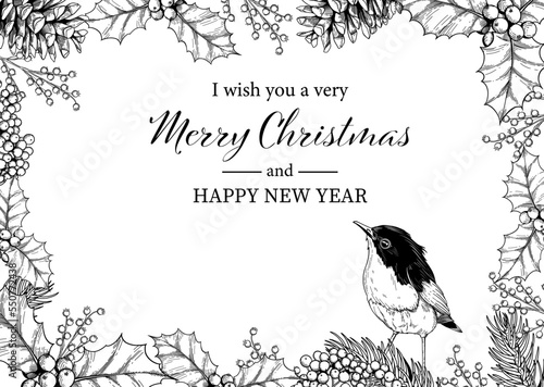 Christmas card with vintage hand drawn vector design. Bird and botanical collection of greeting template for winter holidays.Black and white color.