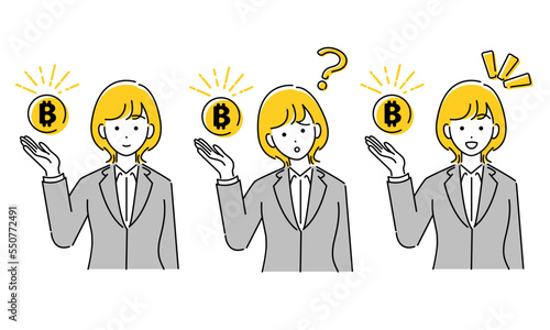 ビットコインのアイコンを手に添える三種類のビジネスパーソンのイラスト素材