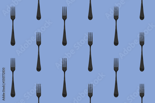 pattern. Fork top view on pastel blue background. Template for applying to surface. Square image. Flat lay. 3D image. 3D rendering.