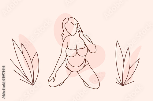 Chubby female underwear illustration. Drawn plus size teen body. Minimalistic linear body positive woman. Vector big feminist lady. Feminist print. Line art cute poster. Confident lady. Diet figure
