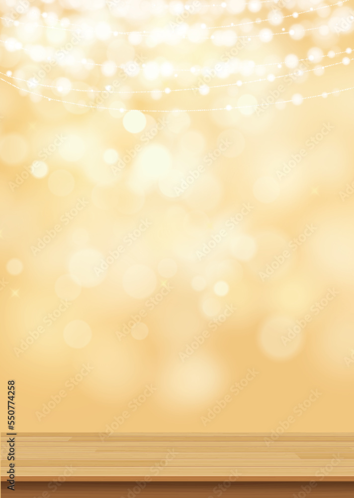 Bokeh gold glitter with wood for product on abstract christmas background.