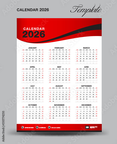 Wall desk calendar 2026 template, desk calendar 2026 design, Week start Sunday, business flyer, Set of 12 Months, Week starts Sunday, organizer, planner, printing media, red wave background, vector